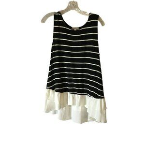 Pleione Women's Stretchy Black and White Stripe Tank Ruffled Hem Blouse Medium